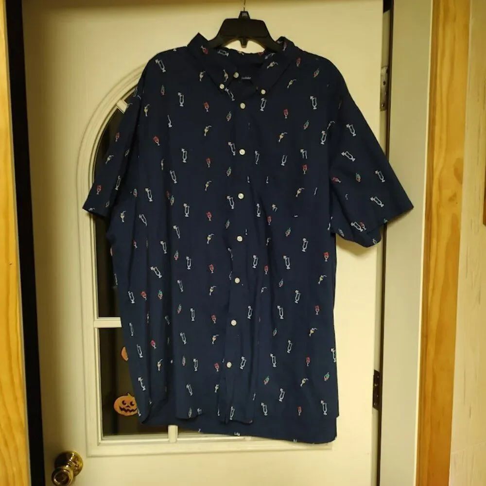 Croft & Barrow Navy Blue Mixed Drink Short Sleeve Button Down Shirt Men's 4XB